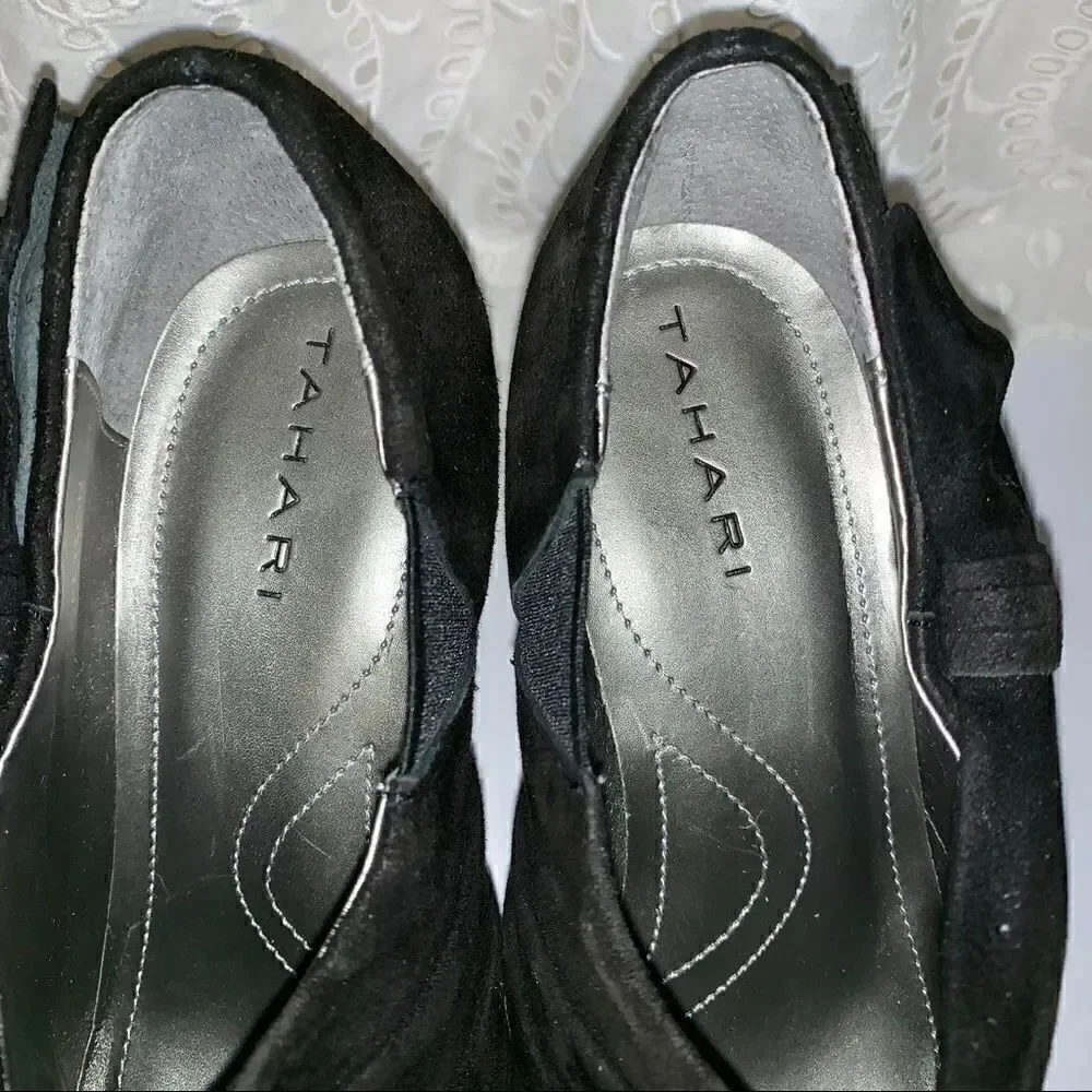 Tahari Greyson black suede high heel booties 7